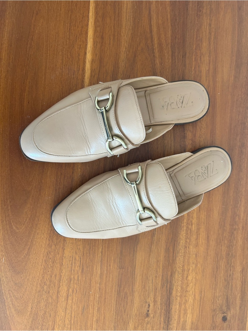 ZARA Cream Leather Backless Mules with Gold Hardware